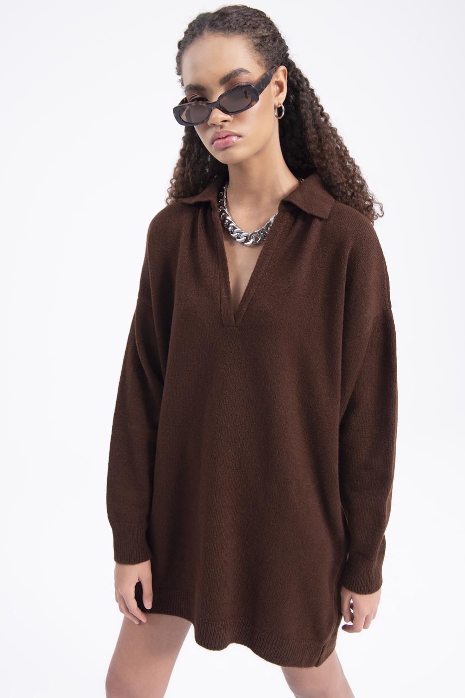 Bayan Kahverengi Yakalı Oversize Mini Triko Elbise