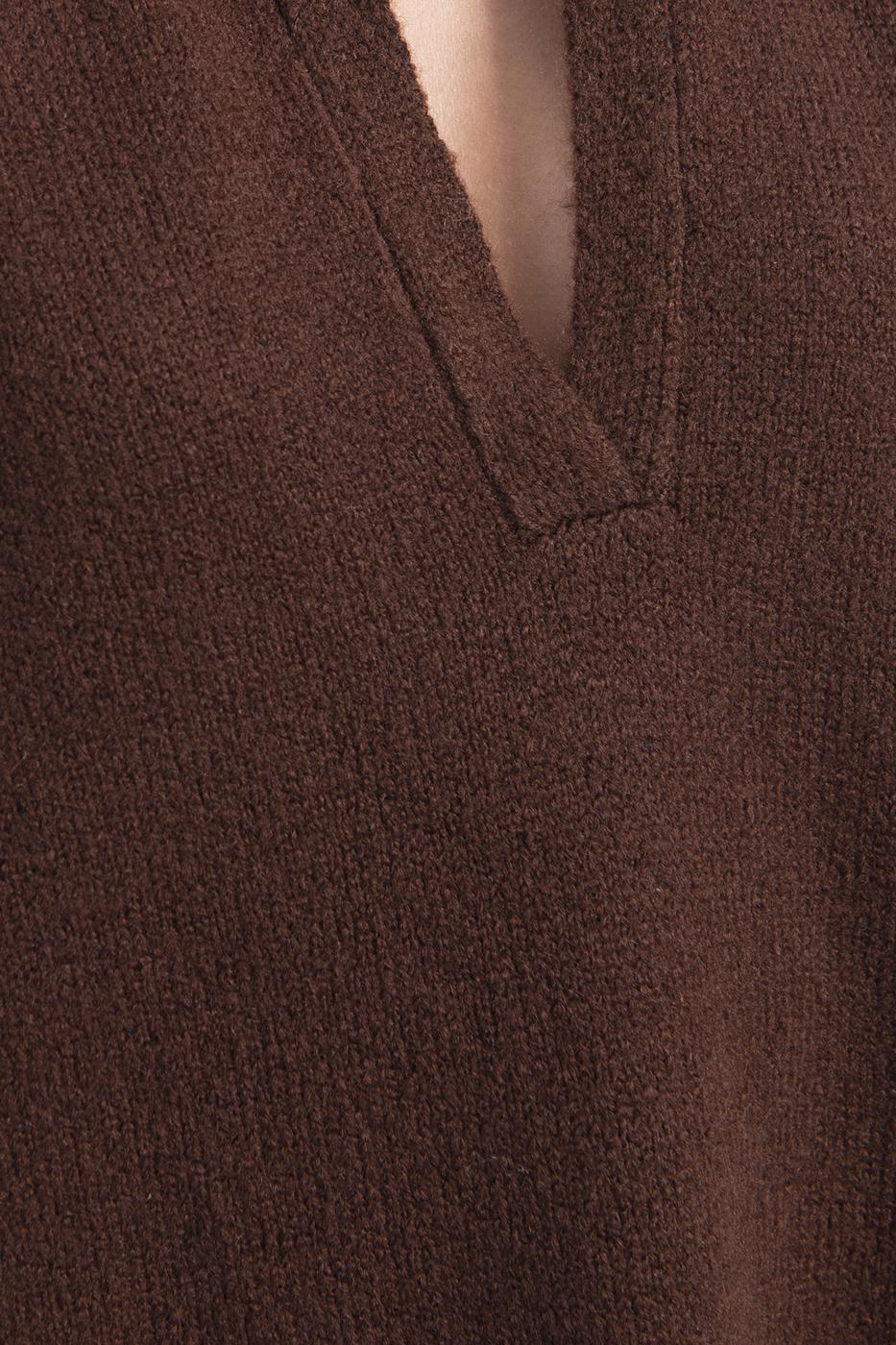 Bayan Kahverengi Yakalı Oversize Mini Triko Elbise