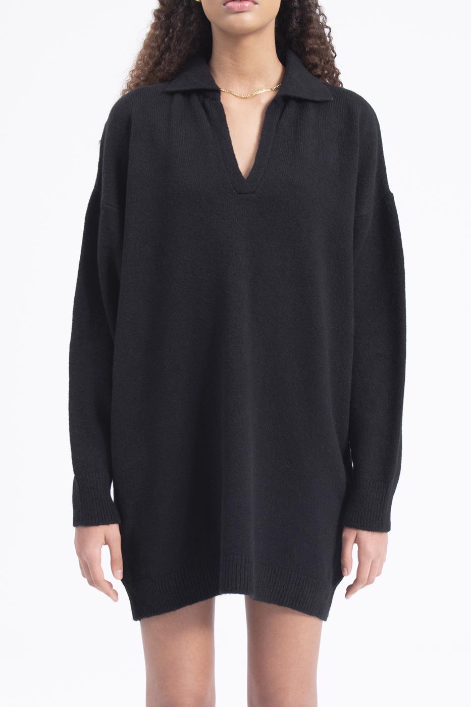 Bayan Siyah Yakalı Oversize Mini Triko Elbise