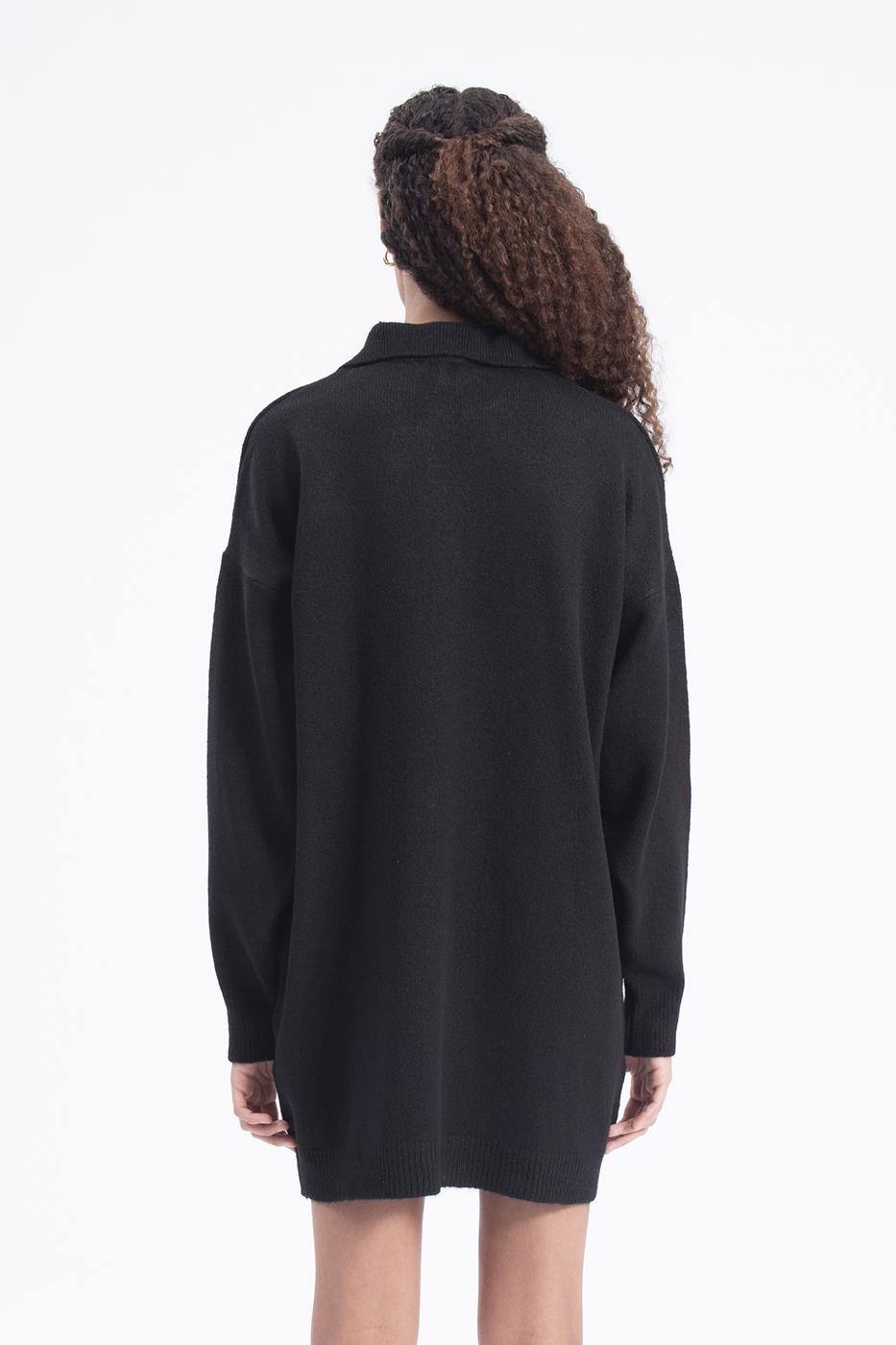 Bayan Siyah Yakalı Oversize Mini Triko Elbise