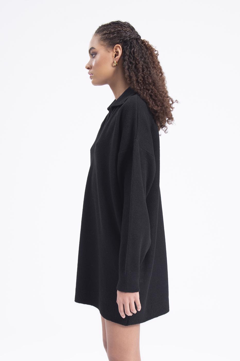 Bayan Siyah Yakalı Oversize Mini Triko Elbise