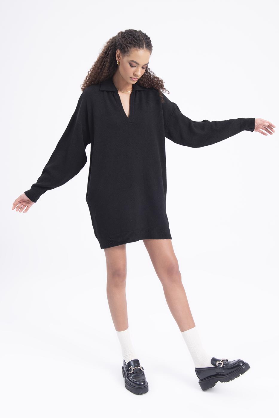 Bayan Siyah Yakalı Oversize Mini Triko Elbise