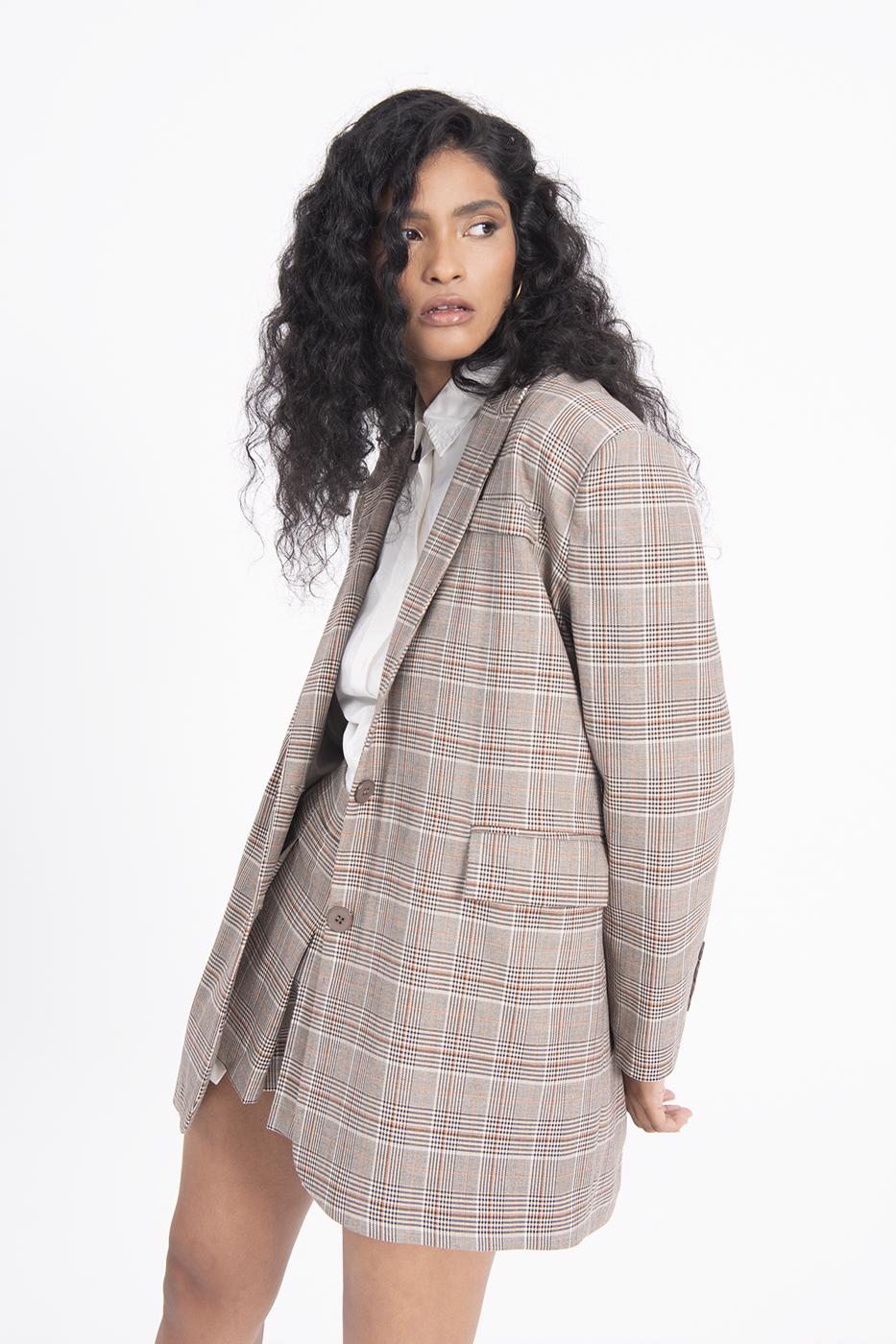 Bayan Bej Ekoseli Oversize Blazer Ceket