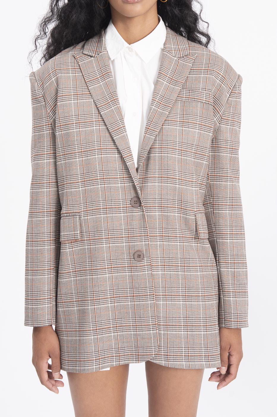 Bayan Bej Ekoseli Oversize Blazer Ceket