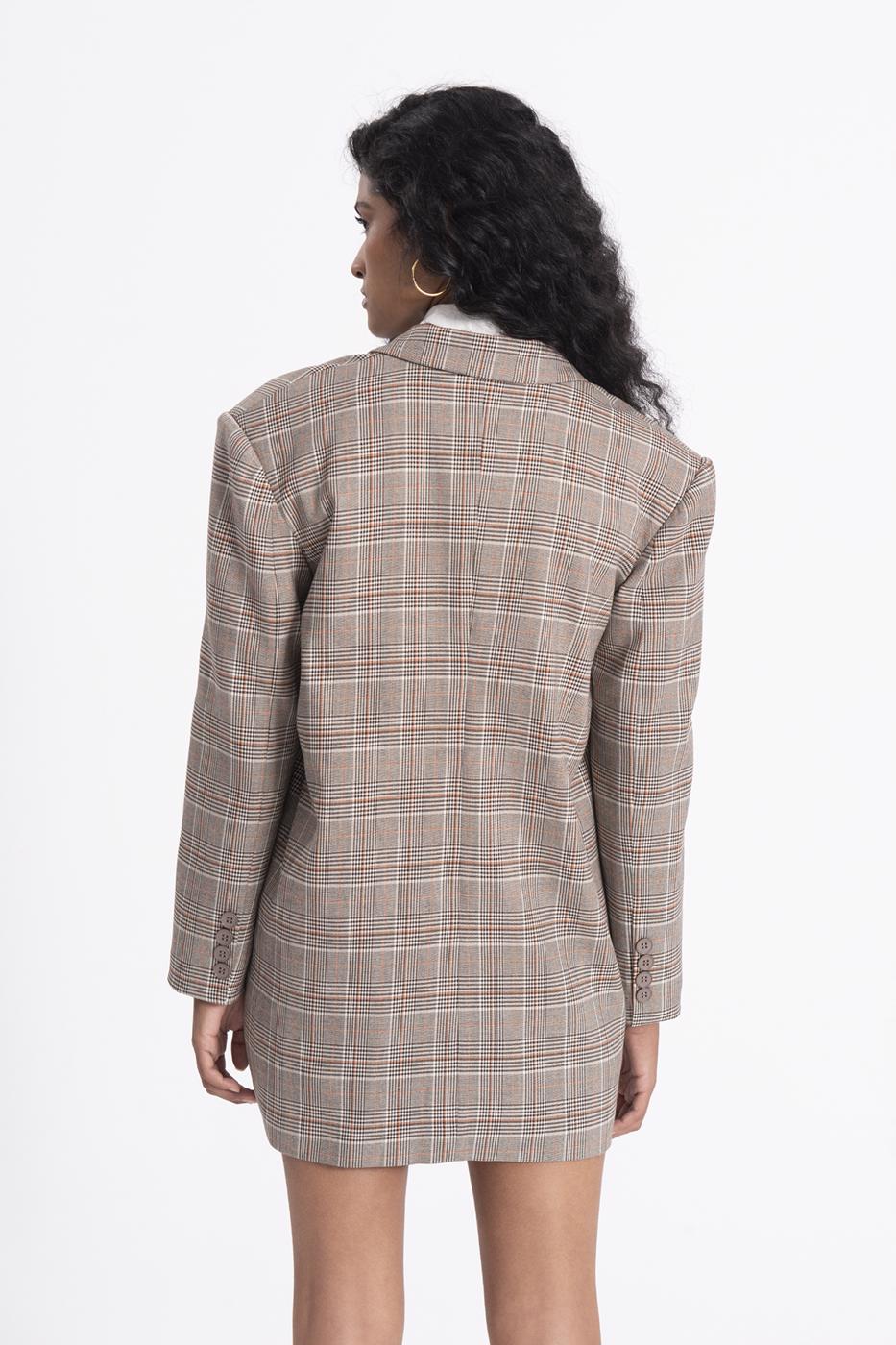 Bayan Bej Ekoseli Oversize Blazer Ceket