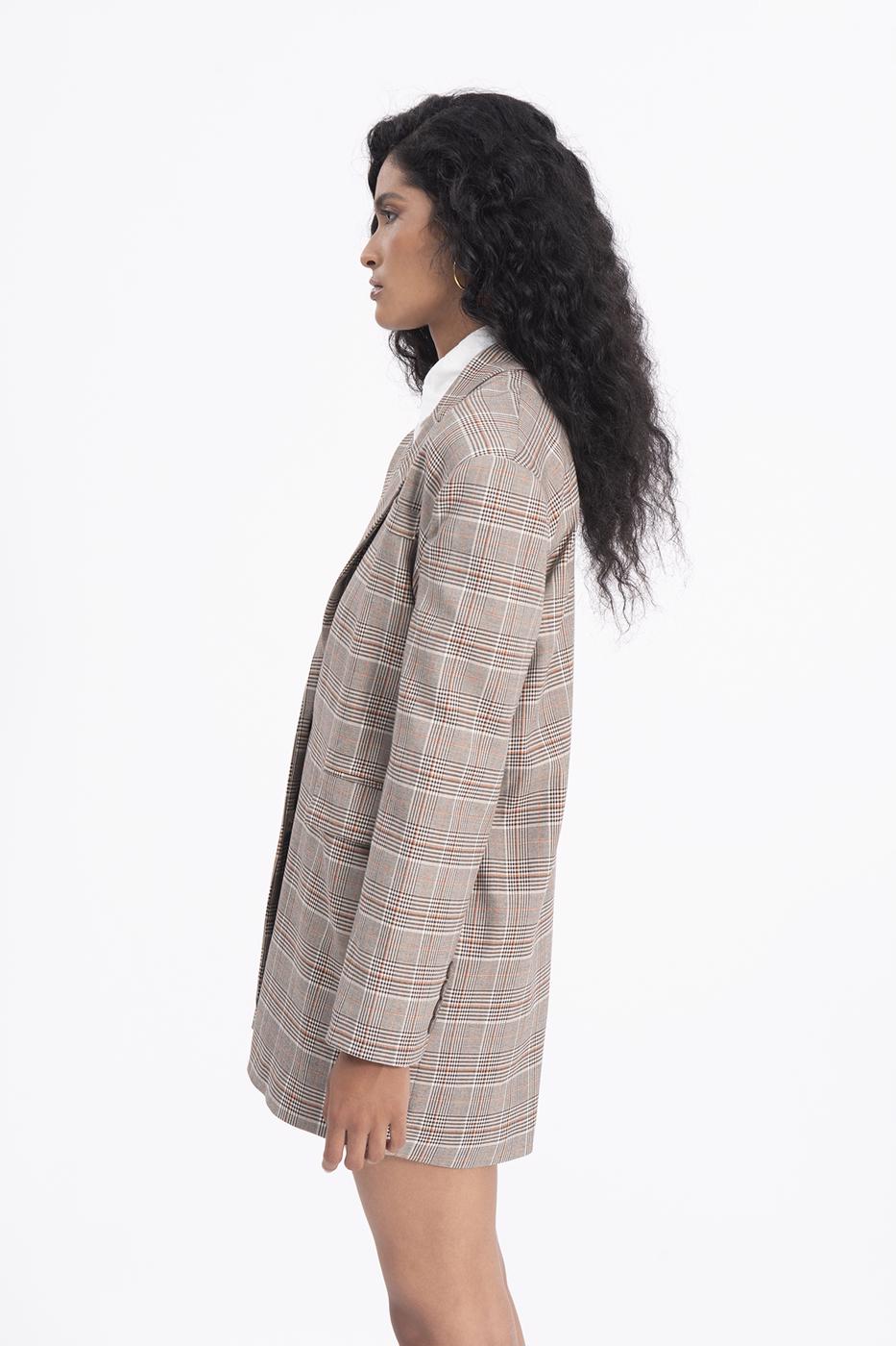 Bayan Bej Ekoseli Oversize Blazer Ceket