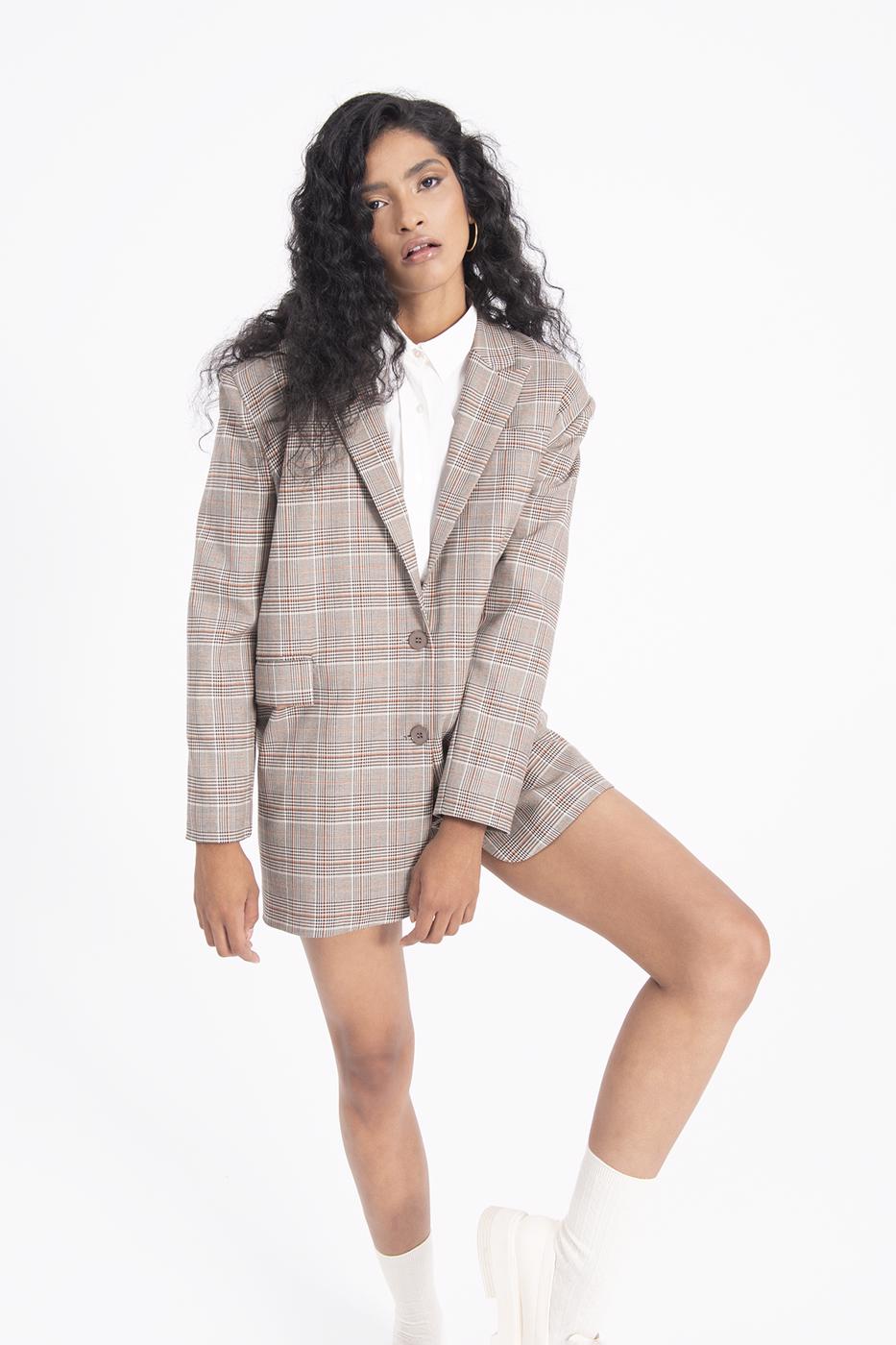 Bayan Bej Ekoseli Oversize Blazer Ceket