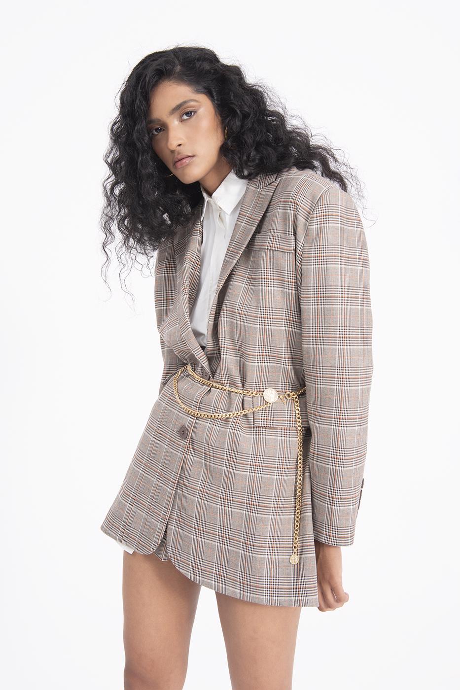 Bayan Bej Ekoseli Oversize Blazer Ceket