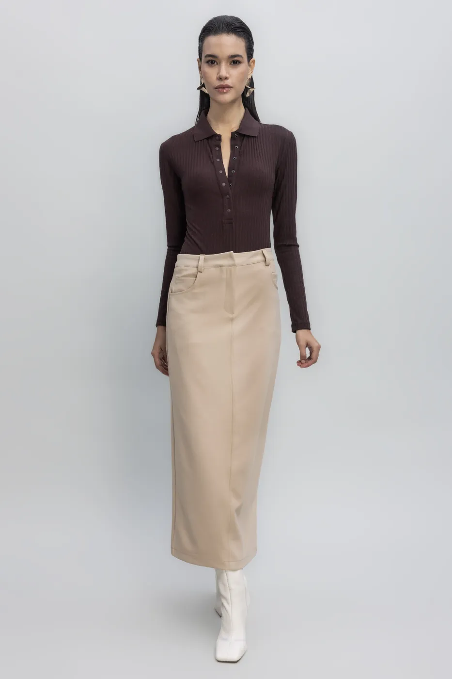 Bayan Bej Düşük  Bel  Maksi Etek