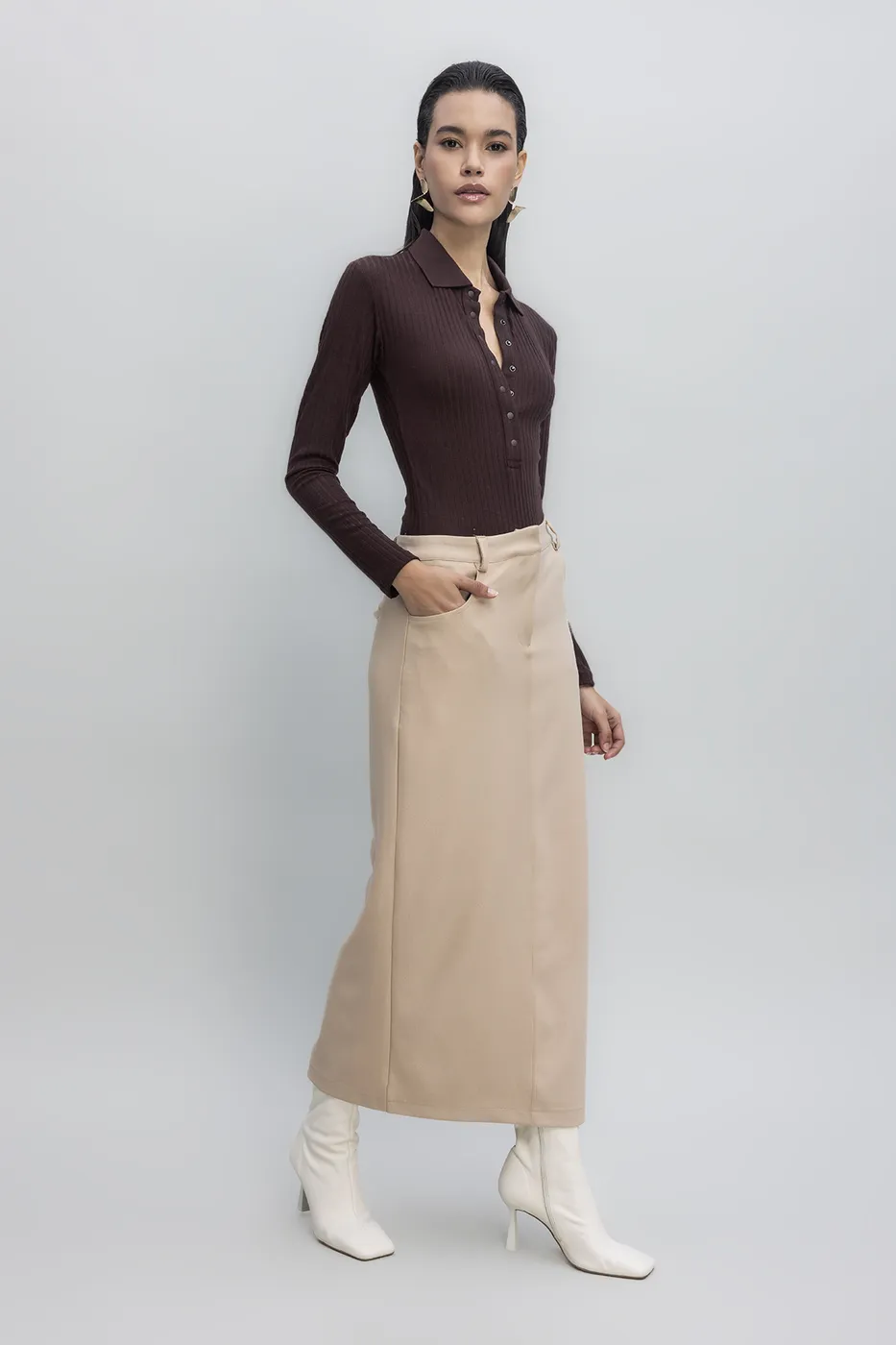 Bayan Bej Düşük  Bel  Maksi Etek