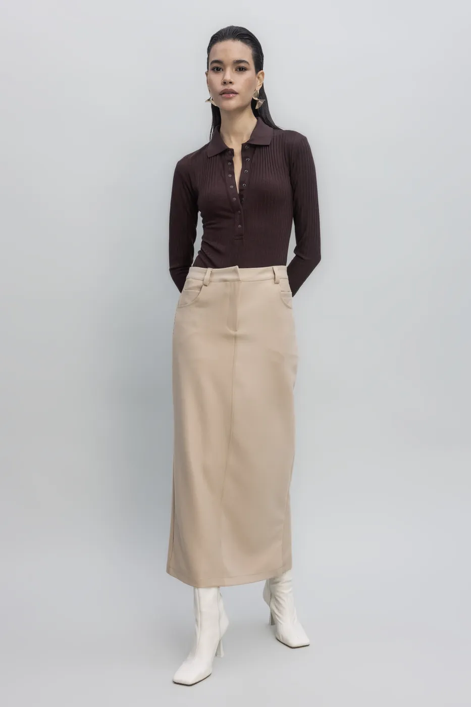 Bayan Bej Düşük  Bel  Maksi Etek