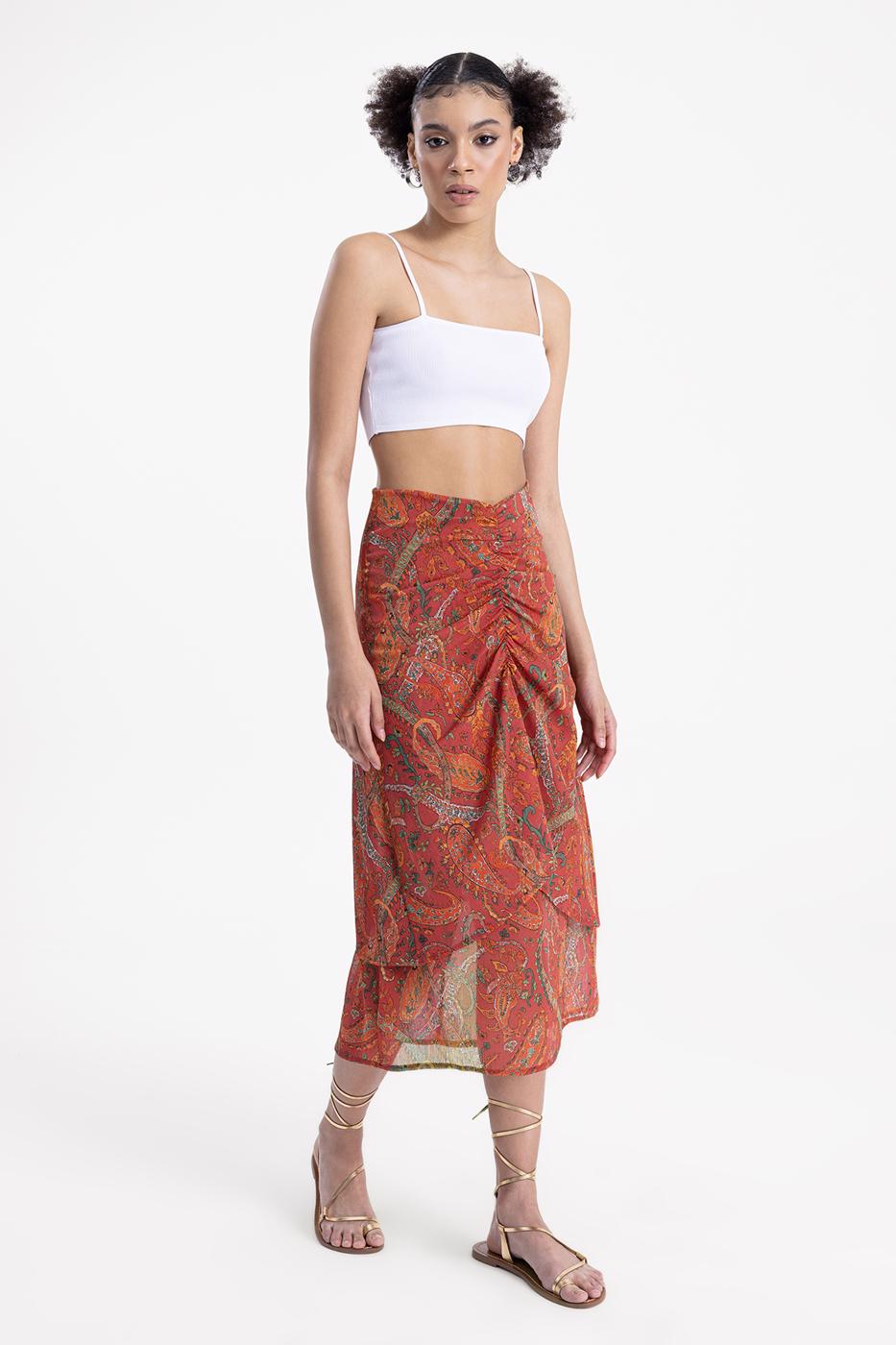 Bayan Oranj Büzgülü Midi Etek