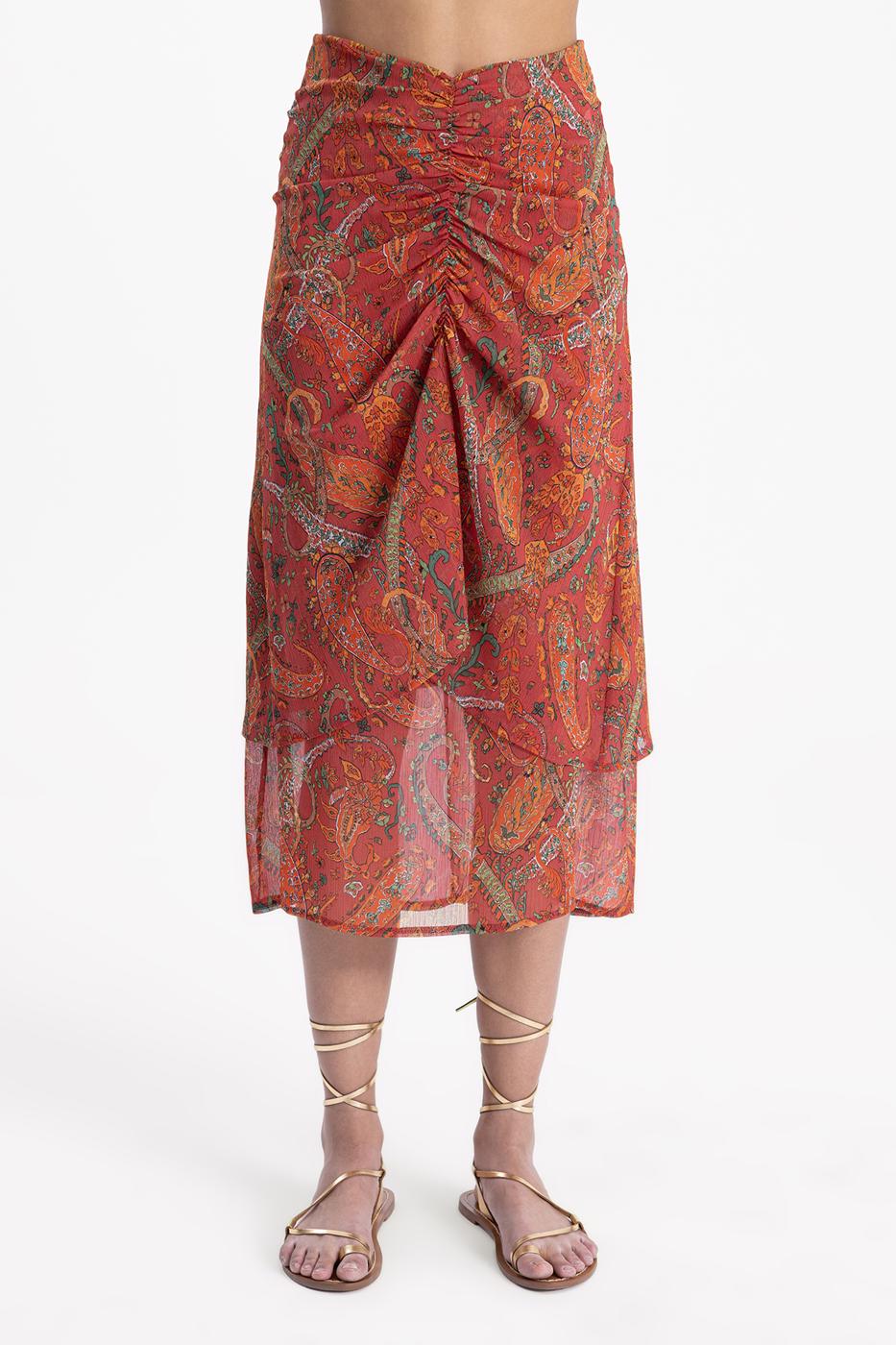 Bayan Oranj Büzgülü Midi Etek