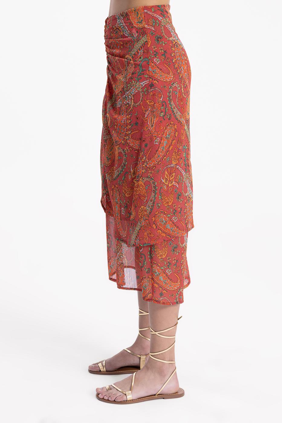 Bayan Oranj Büzgülü Midi Etek