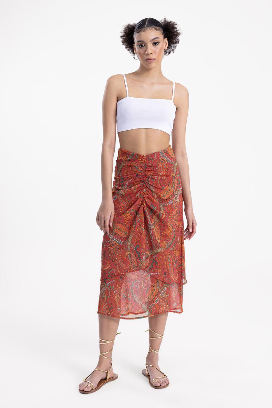 Bayan Oranj Büzgülü Midi Etek