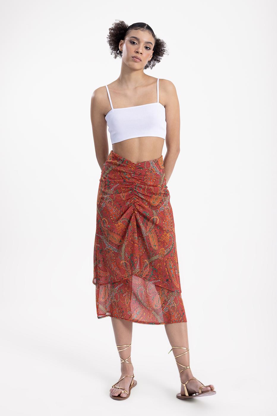 Bayan Oranj Büzgülü Midi Etek