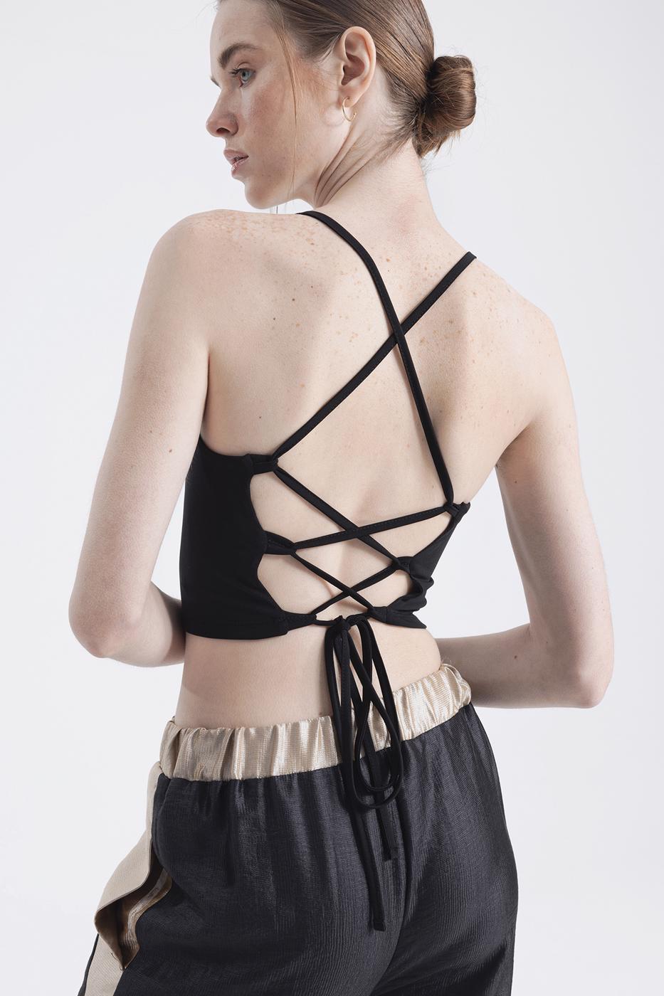 Bayan Siyah Sırt Bağlamalı Askılı Body