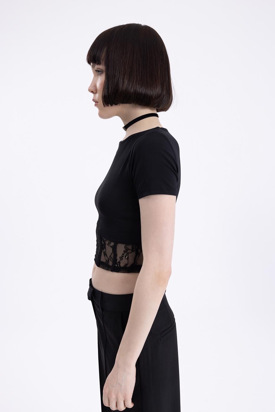 Bayan Siyah Dantel Detaylı Crop Body