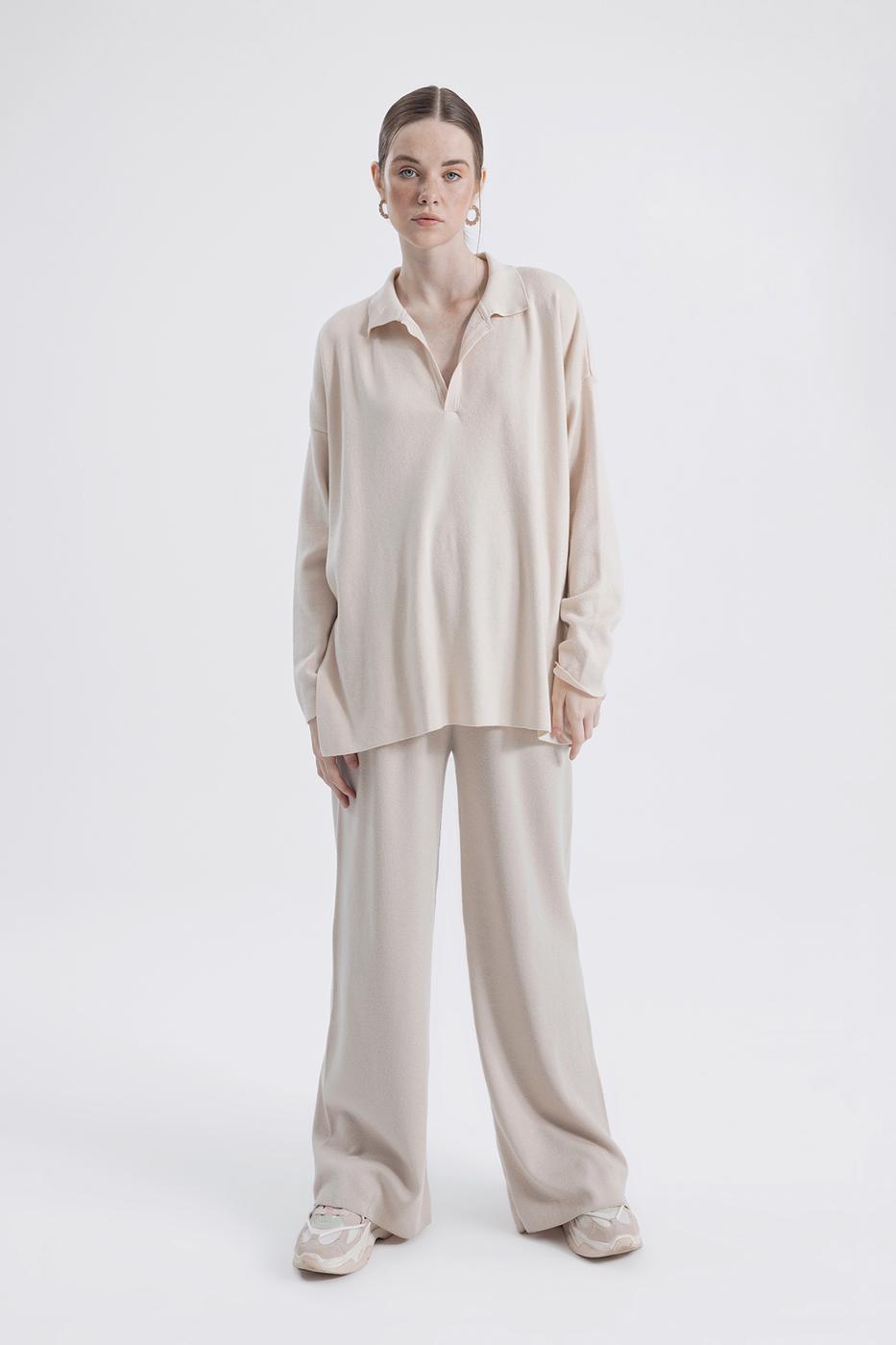 Bayan Bej Bol Paça Triko Pantolon