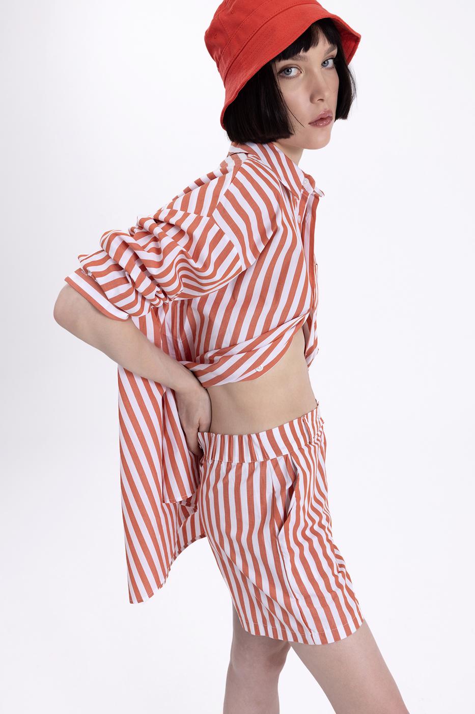 Bayan Kiremit Çizgili Mini Şort