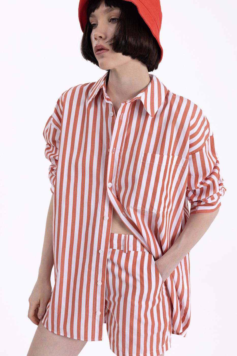 Bayan Kiremit Çizgili Mini Şort