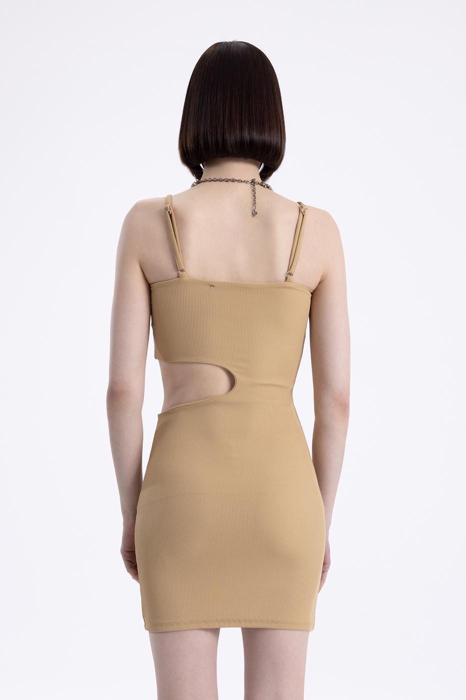 Bayan Bej Askılı  Pencereli Mini Kalem Elbise