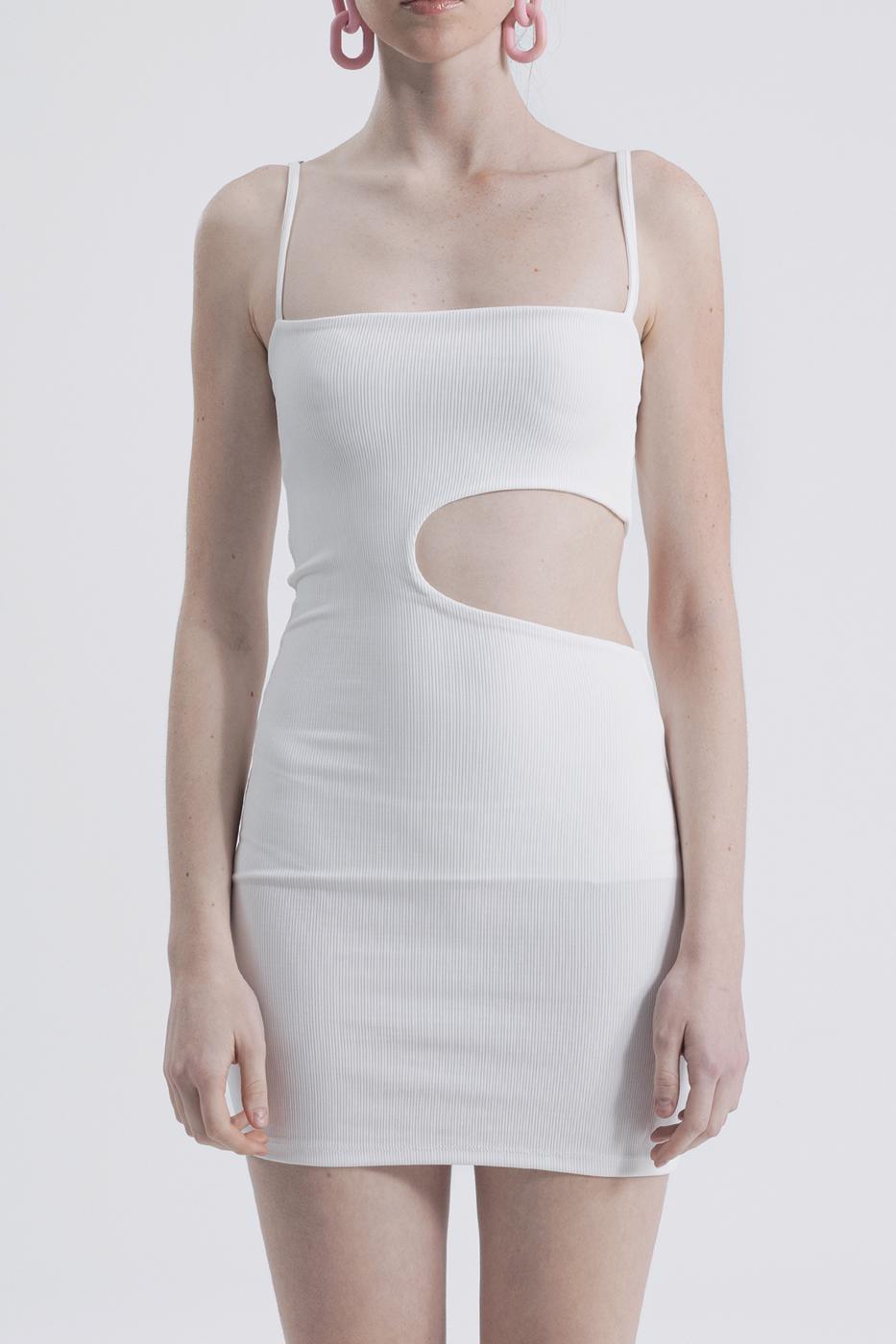 Bayan Beyaz Askılı  Pencereli Mini Kalem Elbise