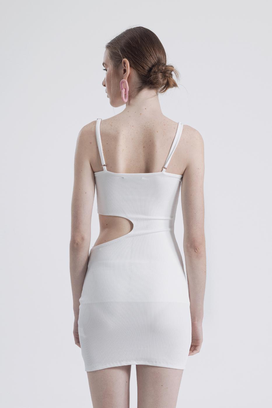 Bayan Beyaz Askılı  Pencereli Mini Kalem Elbise