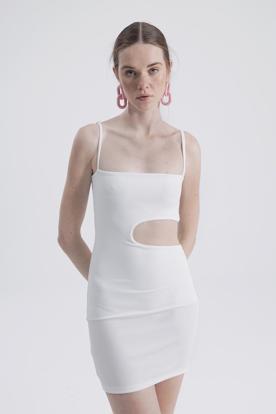 Bayan Beyaz Askılı  Pencereli Mini Kalem Elbise