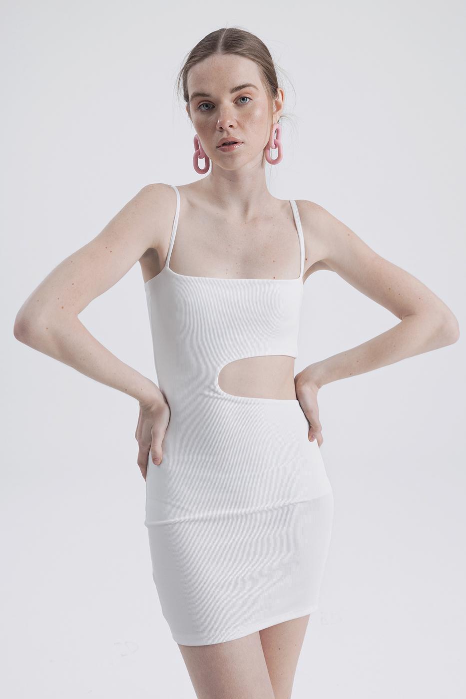 Bayan Beyaz Askılı  Pencereli Mini Kalem Elbise