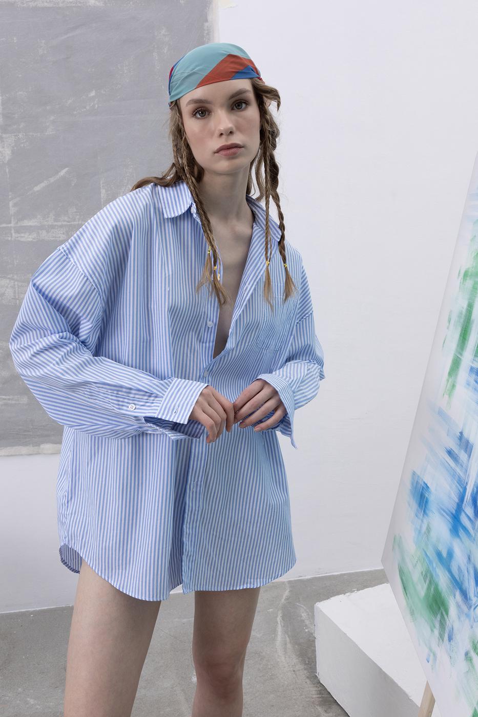 Bayan Mavi Oversıze Çizgili Gömlek