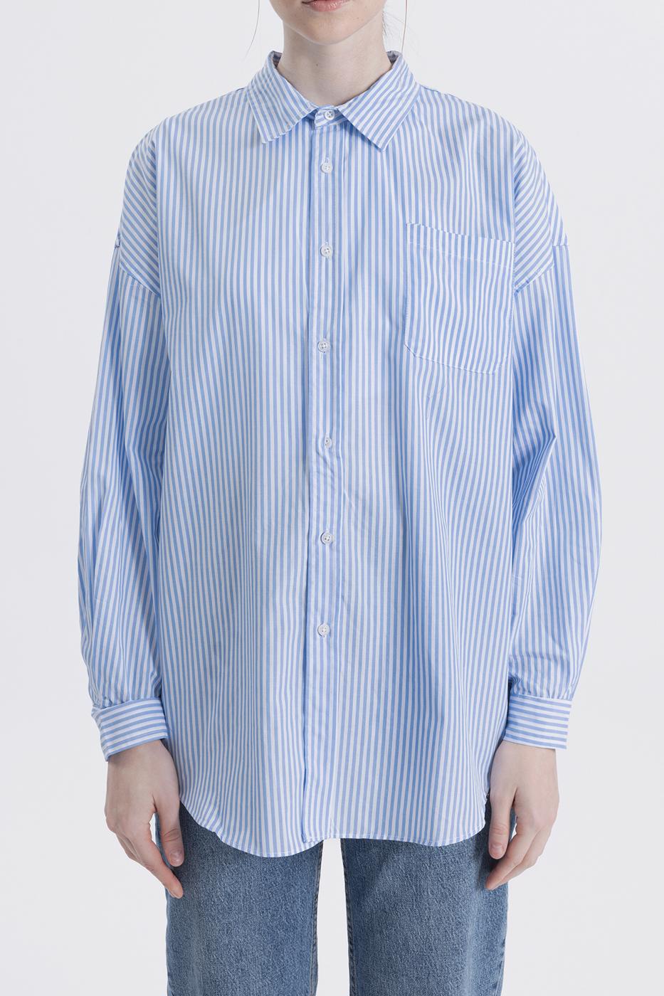 Bayan Mavi Oversıze Çizgili Gömlek