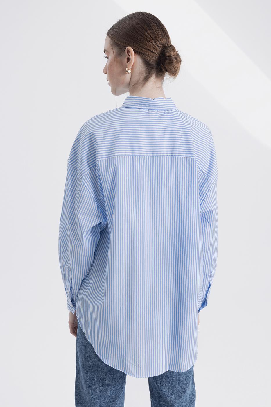 Bayan Mavi Oversıze Çizgili Gömlek