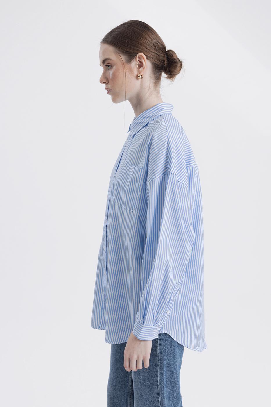 Bayan Mavi Oversıze Çizgili Gömlek