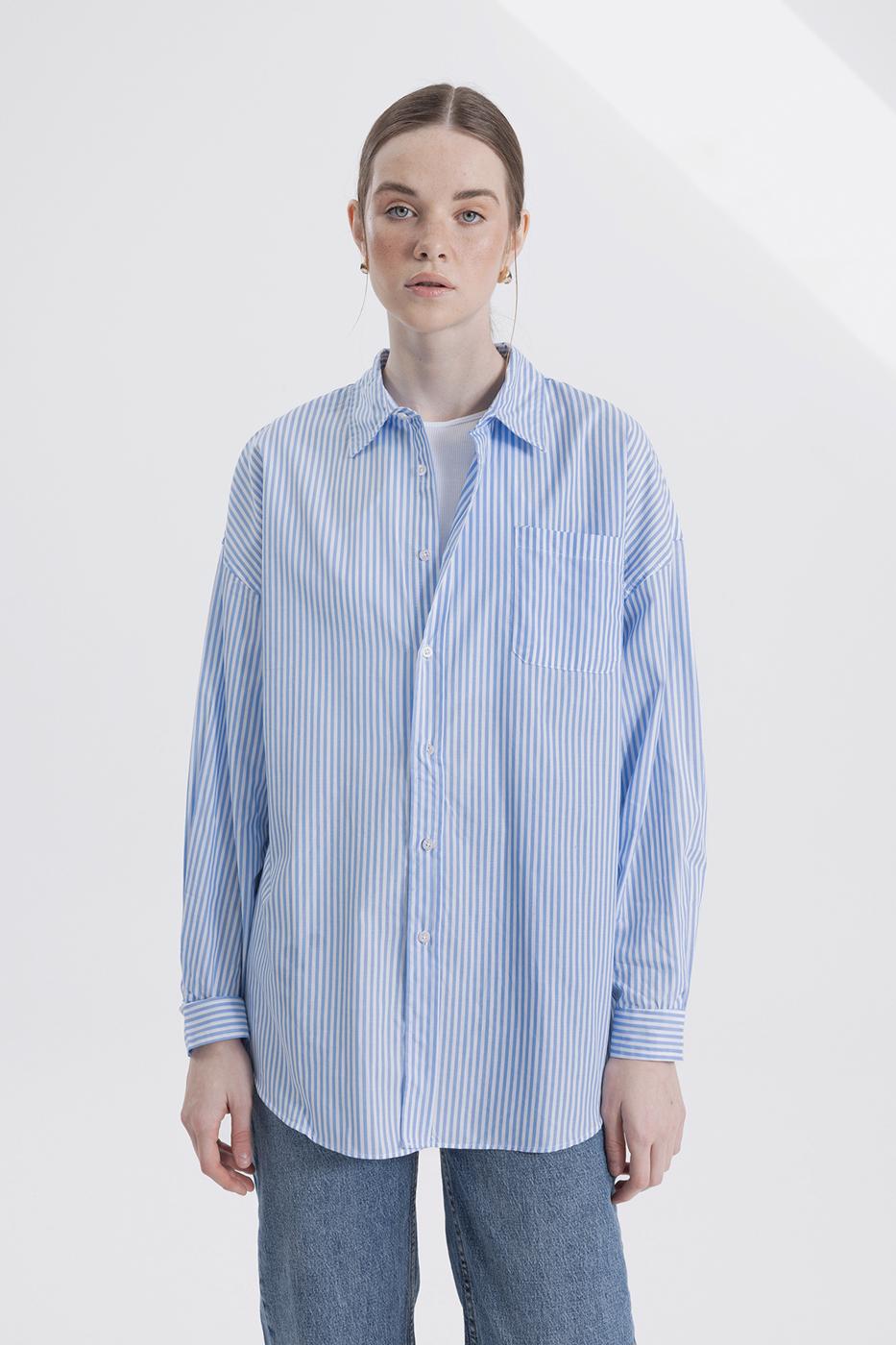 Bayan Mavi Oversıze Çizgili Gömlek