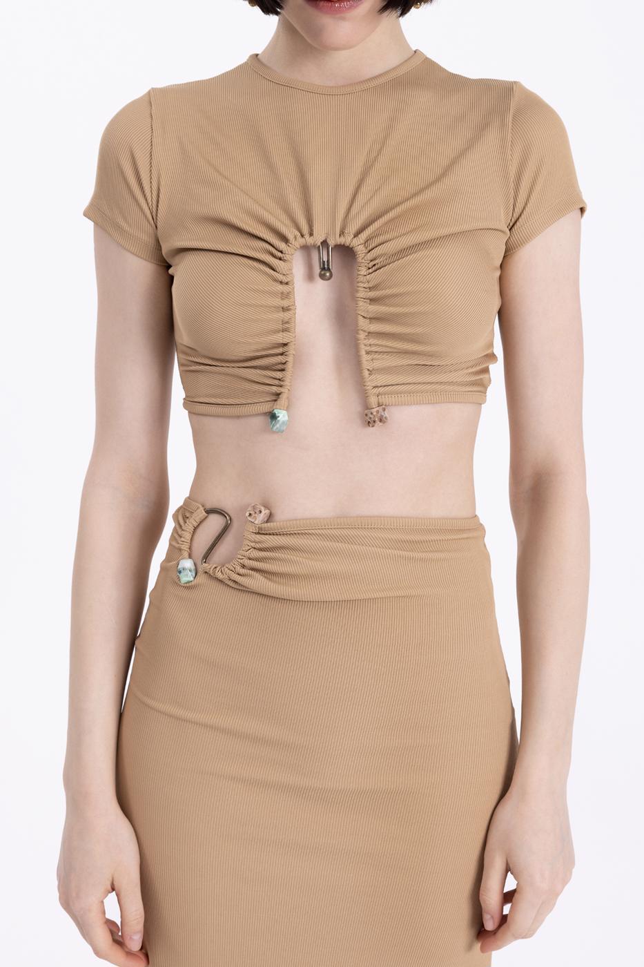 Bayan Camel Metal Aksesuar Crop Top
