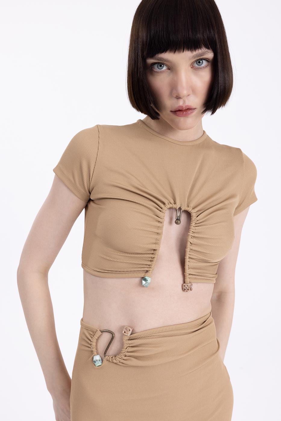 Bayan Camel Metal Aksesuar Crop Top