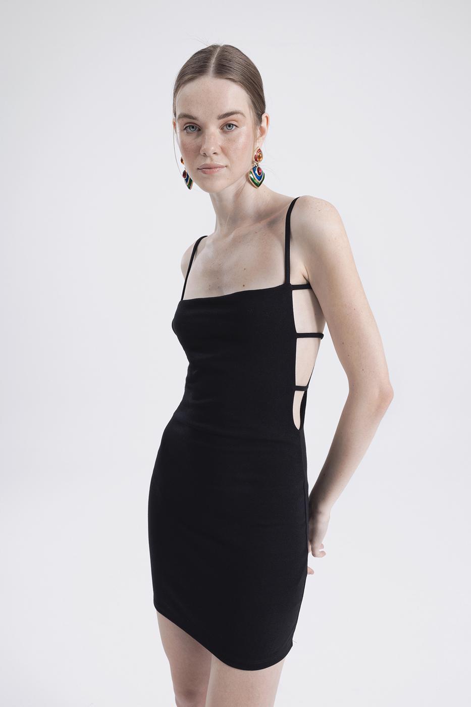 Bayan Siyah Yan  Bantlı Askılı Mini Kalem Elbise