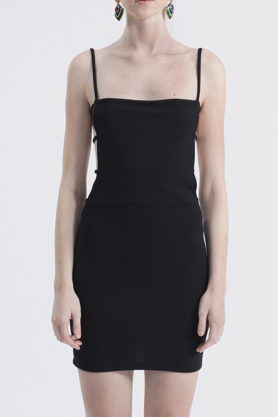 Bayan Siyah Yan  Bantlı Askılı Mini Kalem Elbise