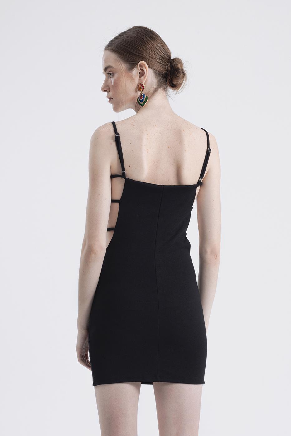 Bayan Siyah Yan  Bantlı Askılı Mini Kalem Elbise