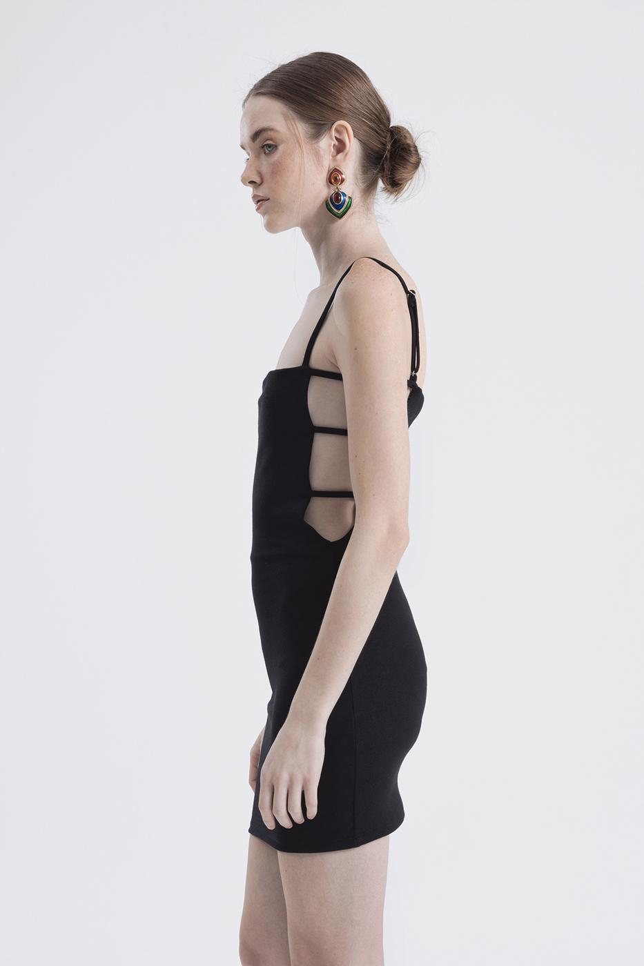 Bayan Siyah Yan  Bantlı Askılı Mini Kalem Elbise