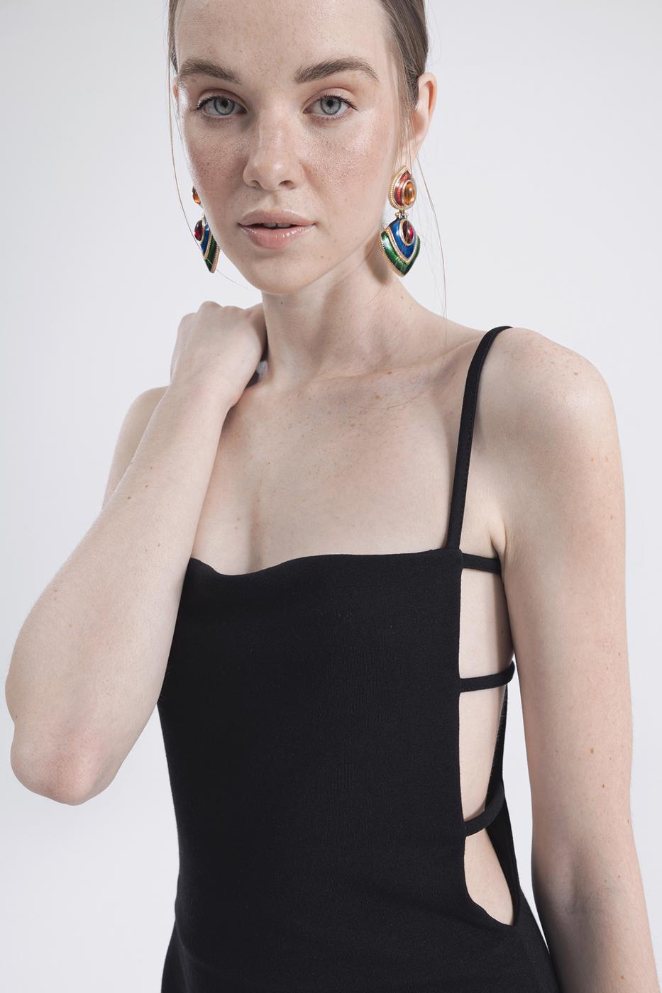 Bayan Siyah Yan  Bantlı Askılı Mini Kalem Elbise