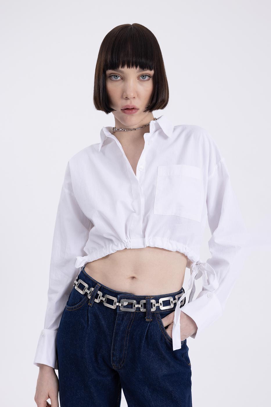 Bayan Beyaz Bağlamalı Crop Gömlek