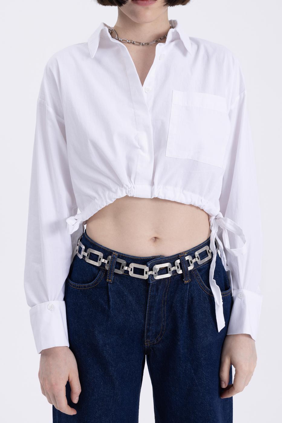 Bayan Beyaz Bağlamalı Crop Gömlek