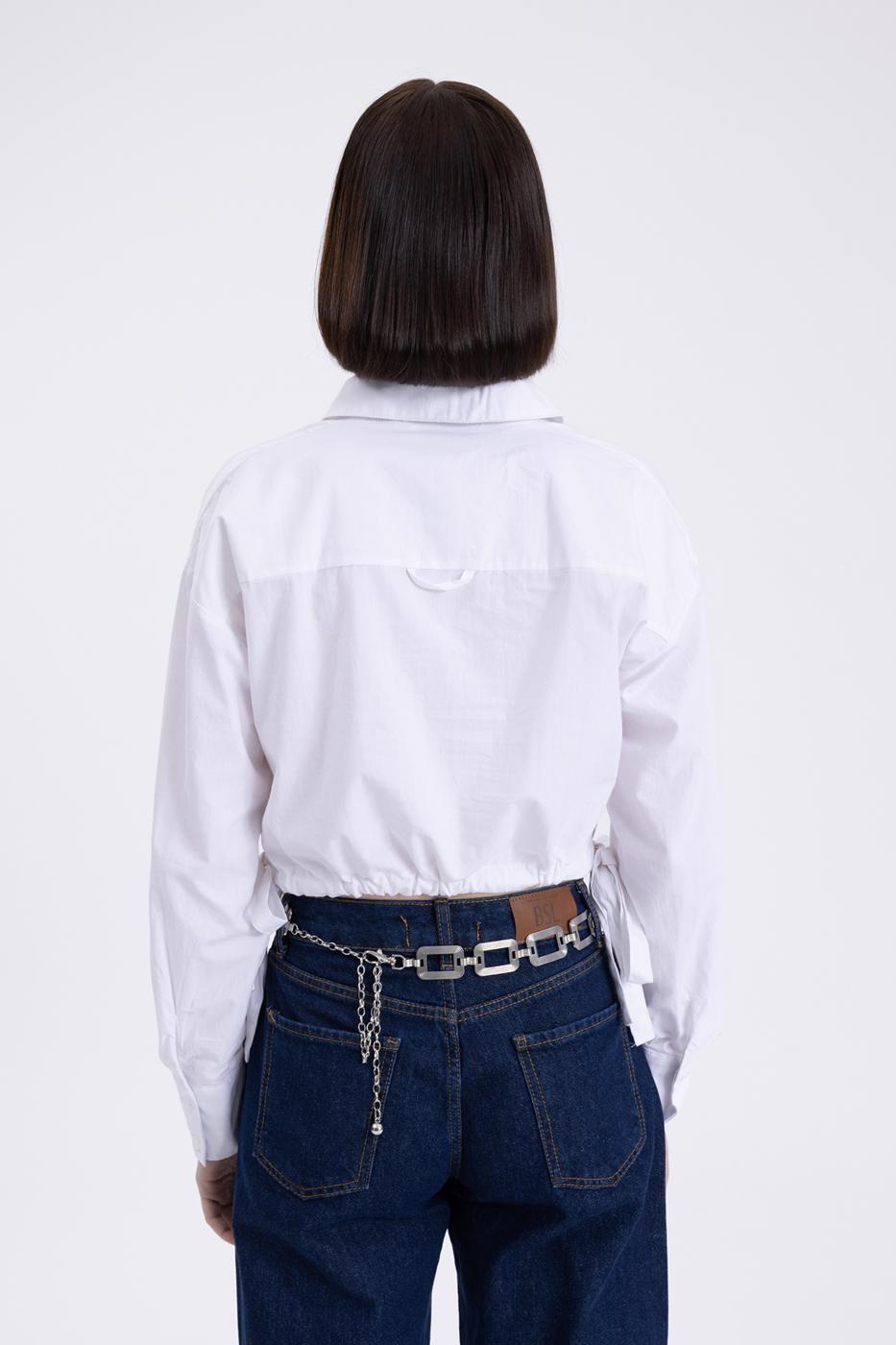 Bayan Beyaz Bağlamalı Crop Gömlek