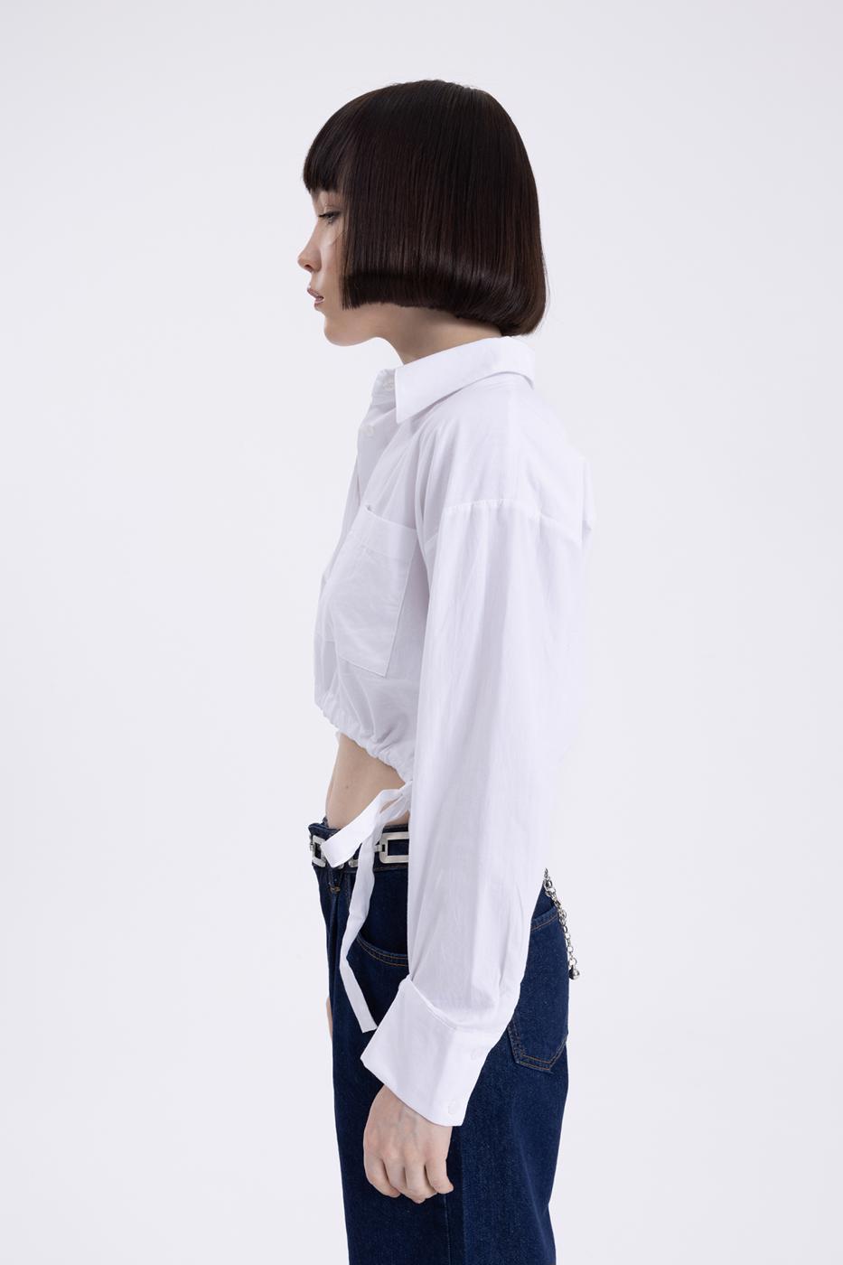 Bayan Beyaz Bağlamalı Crop Gömlek
