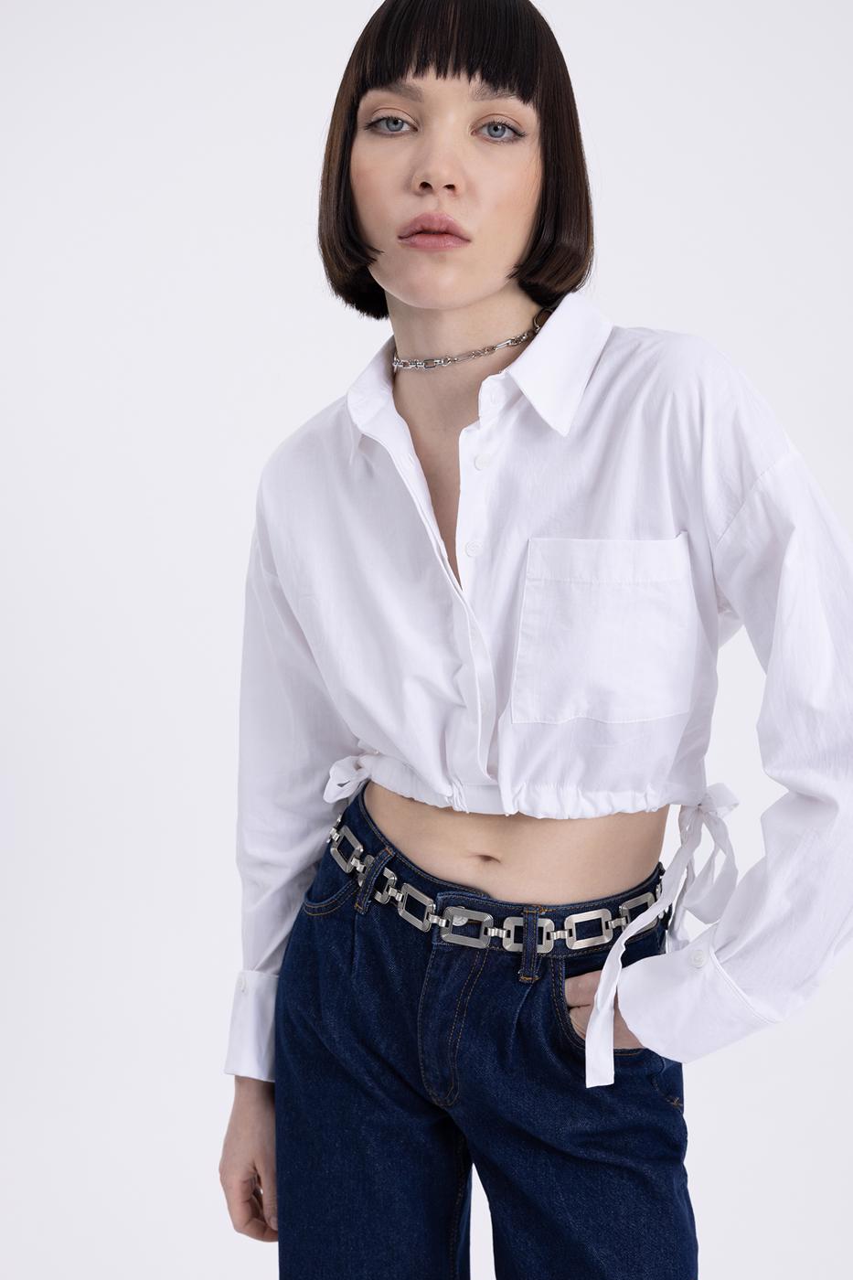 Bayan Beyaz Bağlamalı Crop Gömlek