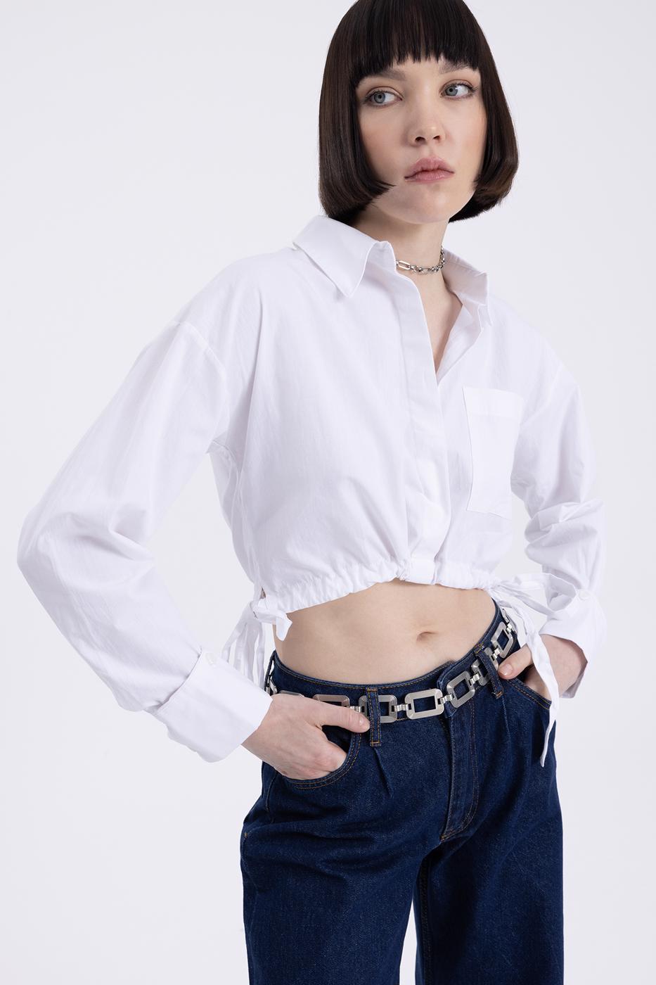 Bayan Beyaz Bağlamalı Crop Gömlek
