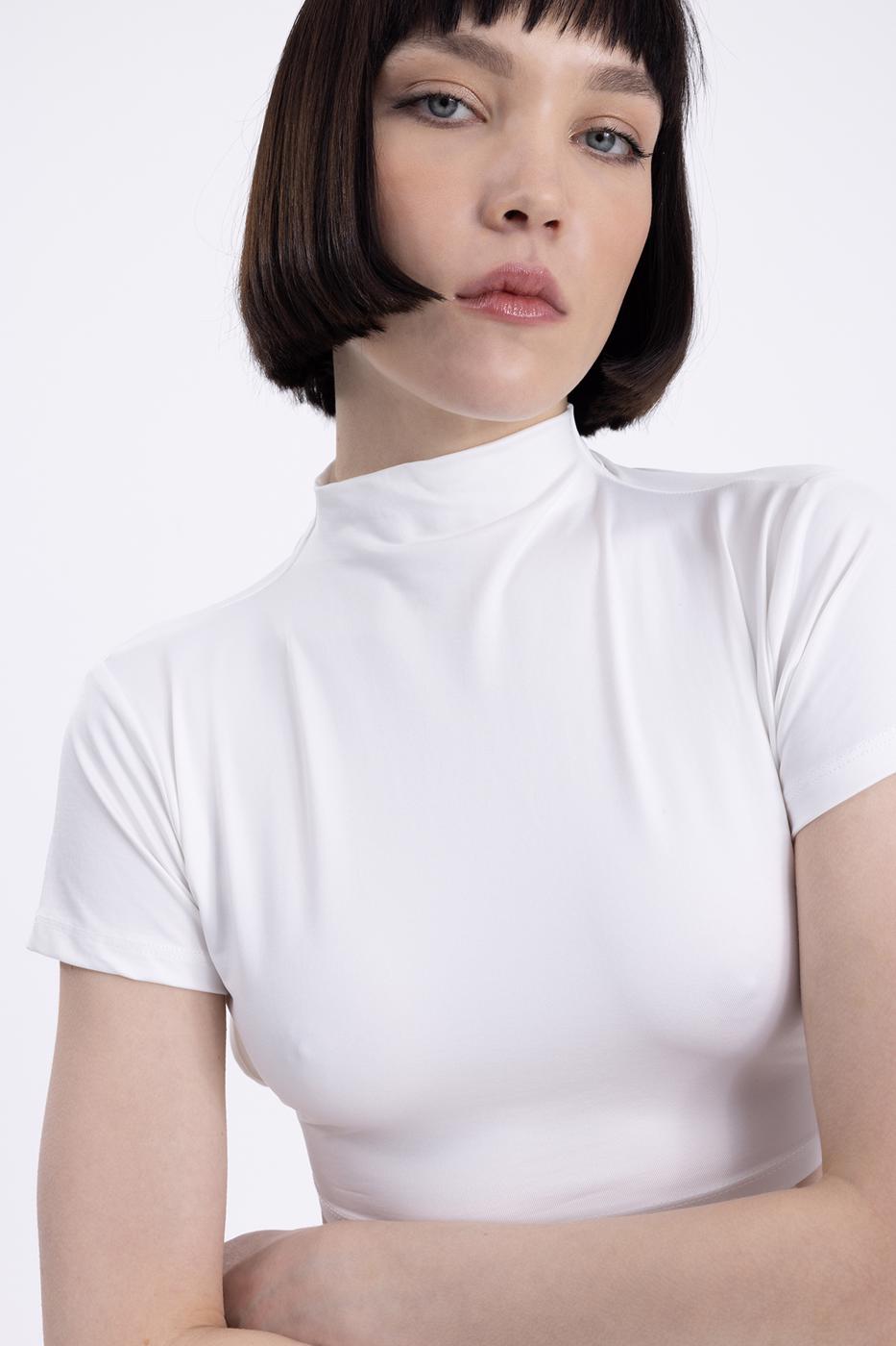 Bayan Ekru Sırt  Dekolteli  Crop Top