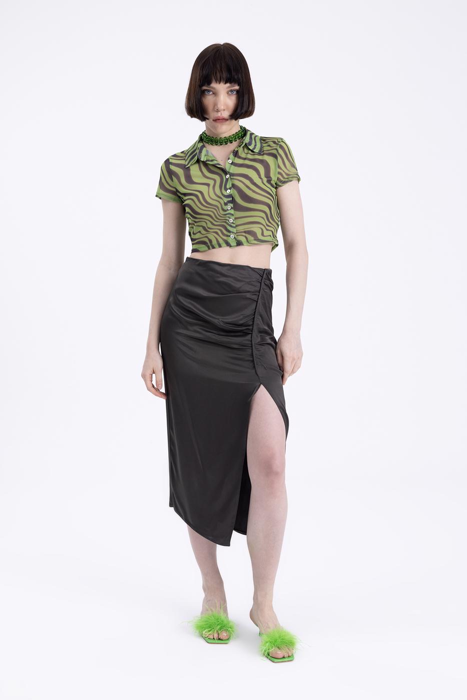 Bayan Kahverengi Drapeli Yırtmaclı Saten Midi Etek